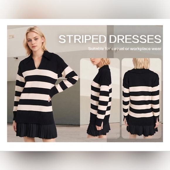 Casual Striped Long Sleeve Polo V Neck Pleated Mini Dress #1120 - Picture 10 of 13